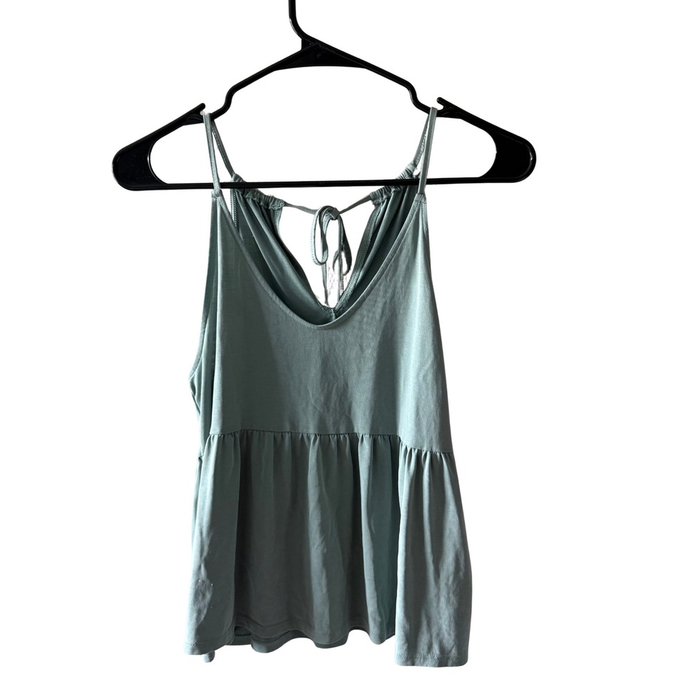 American Eagle Sage Green Babydoll Cami Top V-Neck Tie Back Peplum Medium